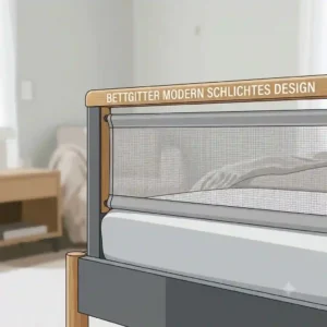 A close-up view focusing on the premium materials of the wood and metal bettgitter modern schlichtes design.