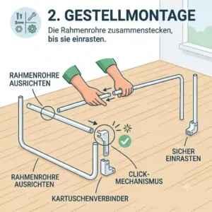 Connecting the metal frame of the bed rail according to assembly instructions until the joint pieces audibly click into place