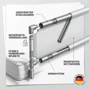 An exploded view diagram breaking down all the functional components of the Bettgitter verstärkter Rahmen, mounted on a bed corner.