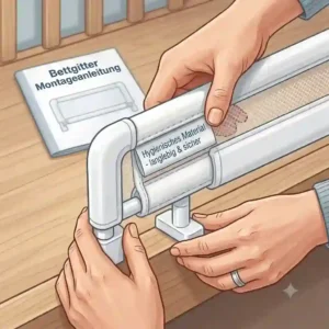 Instructional view showing the easy assembly of a bettgitter hygienisches material guardrail.