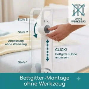 Die bettgitter montage ohne werkzeug ermöglicht einfache Höhenverstellung.