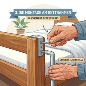 Hands securing the bracket system during the step-by-step assembly to bettgitter nachrüsten bett.