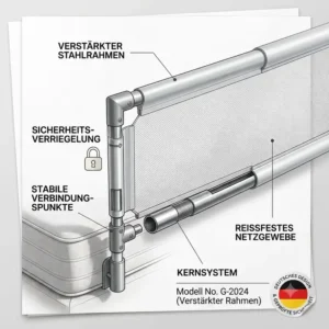 A technical close-up focusing on the main corner joint assembly of the Bettgitter verstärkter Rahmen with explicit labels and technical model numbers.