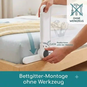Bettgitter montage ohne werkzeug durch einfaches Einschieben unter die Matratze.