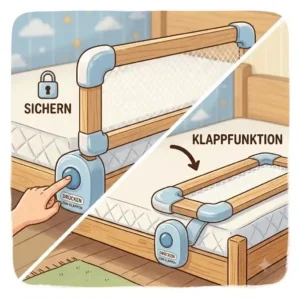 Illustration demonstrating the convenient fold-down function (Klappfunktion) of a bettgitter ohne scharfe kanten.