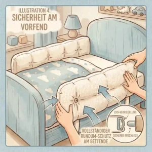 A soft padded bed guard mounted on the large parents' bed for safe family bed-sharing
