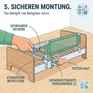 Screwing the bed rail feet securely to the slatted frame or fixing them with the safety belt according to assembly instructions