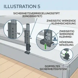 Detailed view of double child safety lock for bettgitter höhenanpassung.