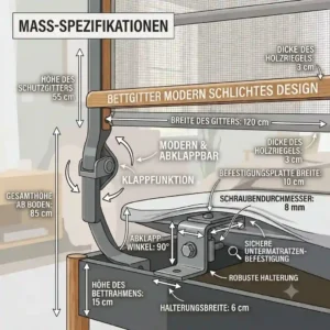 Technical infographic displaying the precise dimensions and universal fit of the bettgitter modern schlichtes design.