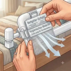 An extra-long bettgitter hygienisches material safety barrier mounted on a family bed.