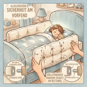 Infographic and instructions for the safe installation of a soft padded bed guard under the mattress