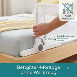 Das Ergebnis nach der bettgitter montage ohne werkzeug am Bett.