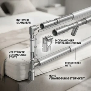 An extreme close-up technical diagram showcasing the specific multi-layer internal structure and joint reinforcement mechanism of the Bettgitter verstärkter Rahmen.