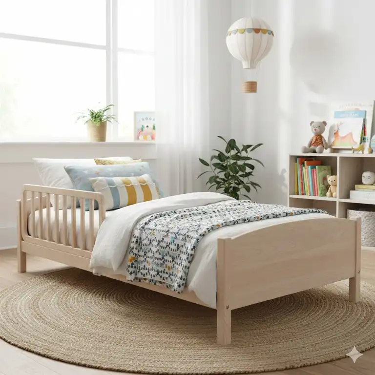 Ein sicheres bettgitter für bodenbett kinder in einem modern eingerichteten Kinderzimmer.